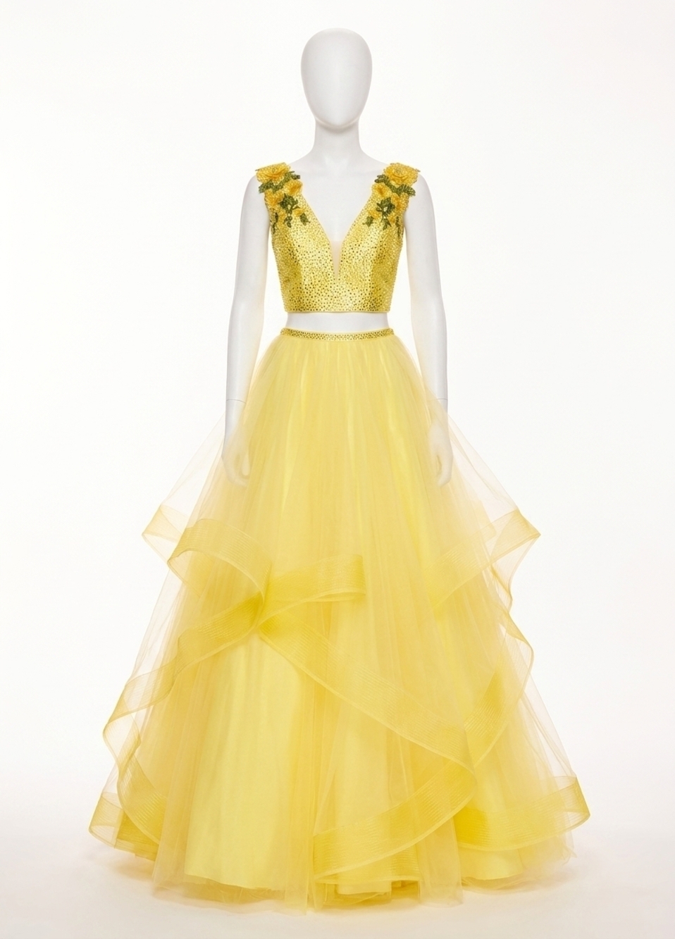 NEW RACHEL ALLAN two-piece embellished tulle gown in yellow